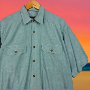 WOOLRICH 90s Chambray Button Down Short Sleeve Casual Poplin Pocket Shirt Blue L